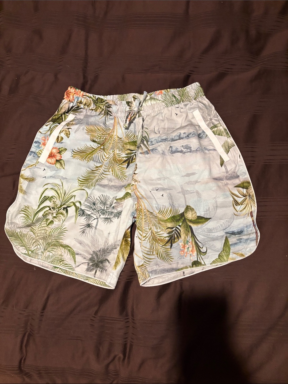 Men's Light Blue Tropical Print Swim Trunks with Palm Leaves